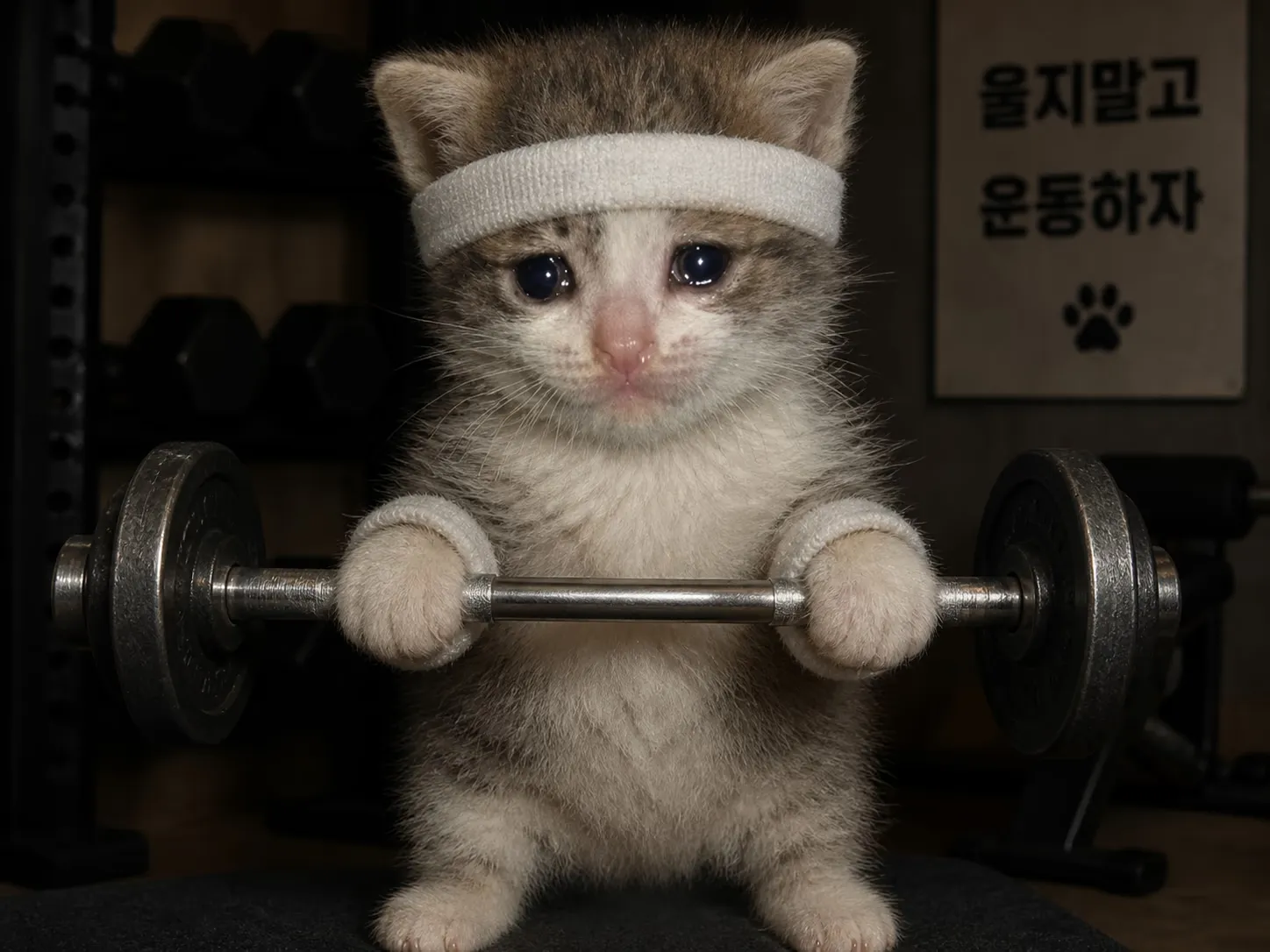 덤벨을 들고 있는 슬픈고양이